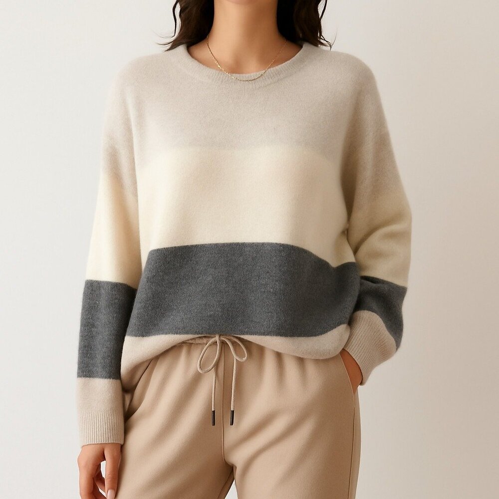 SMinfinity XS/S Beige Gray Colorblock Oversized‎ 100% Cashmere Knit Sweater Top